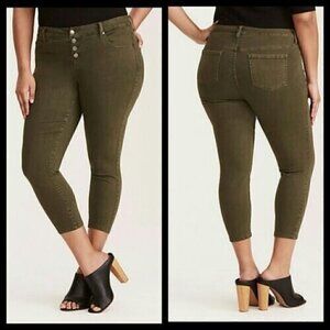 Torrid Size 18 Ultra Skinny Cropped Jeans Olive Wash High Rise Button Fly